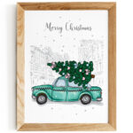 plakat-zielony-samochod-z-choinka