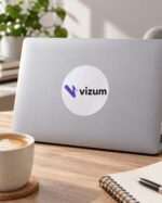 Duża okrągła naklejka z logo na obudowie laptopa