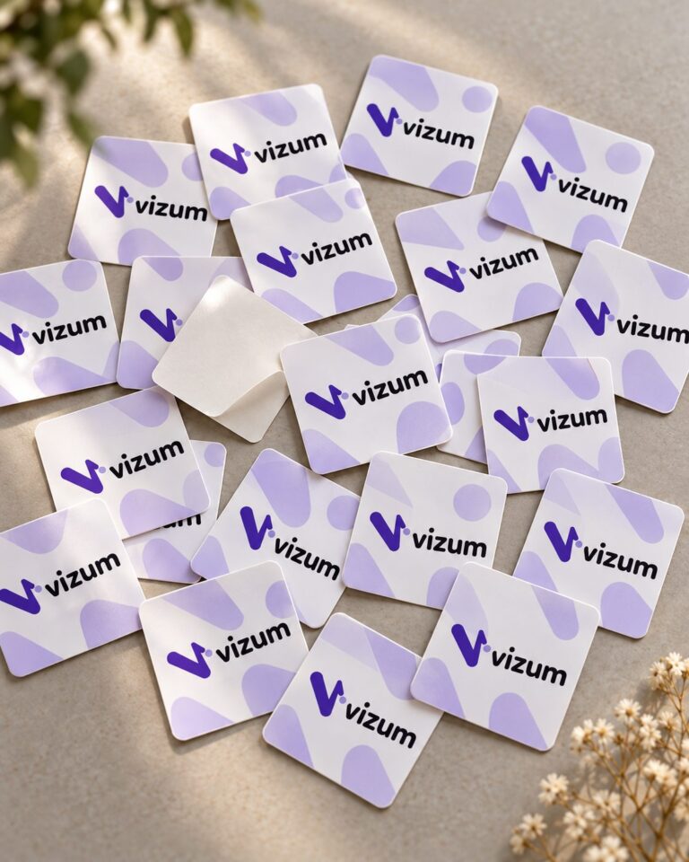 Pojedynczo cięte kwadratowe naklejki z logo rozsypane na stole